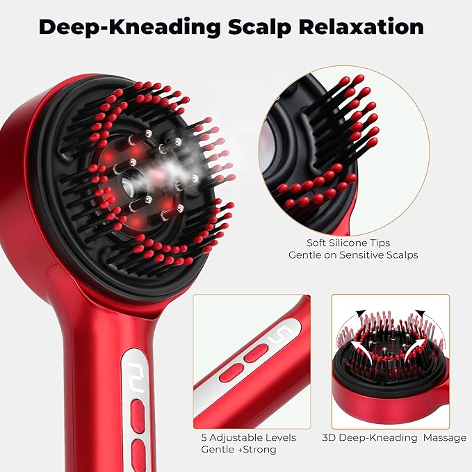 Electric Scalp Massager, 5 in 1 Refillable Oil Reservoir and Mist 3 Step At Home Scalp Spa Device, 3D Deep Kneading Massage, USB C Rechargeable Portable for Home and Travel (Red)