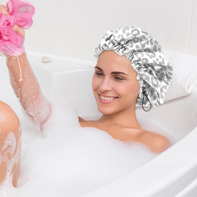 2 PCS Shower Cap Waterproof Double Layer Elastic Adjustable Reusable Hair Bath Caps for Girls Women Cute Aesthetic-Black White