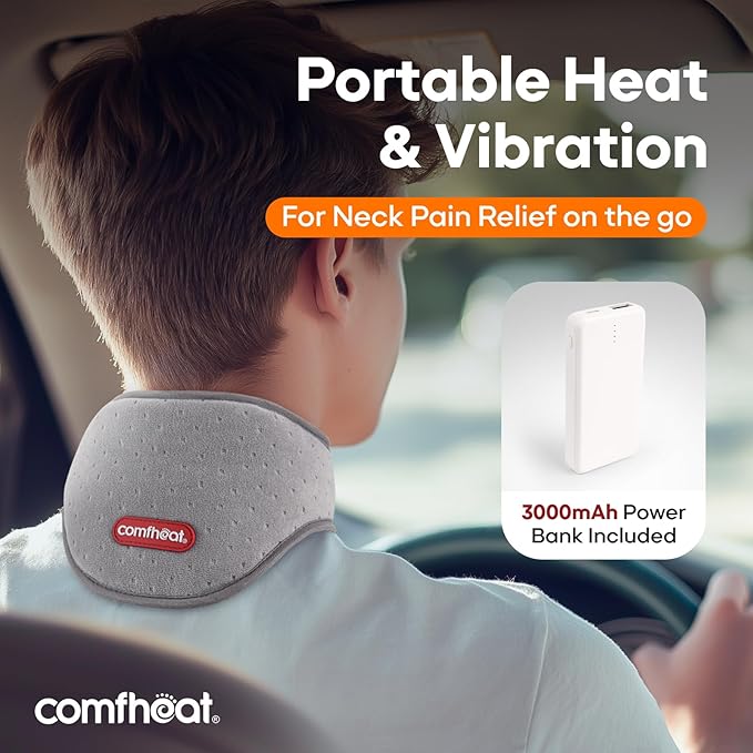 Cordless Neck Heating Pad with Vibration Massager for Pain Relief, Rechargeable Heated Neck Wrap FSA Eligible HSA for Soreness Stiffness, 3 Heat Levels & Vibrations, 3000mAh Battery Included