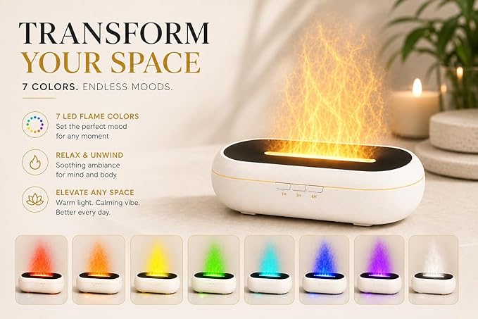 AquaAura Flame Effect Diffuser, 160ml Essential Oil Diffuser with Realistic Flame Mist, 7 LED Colors, Timer & Auto Shut-Off for Bedroom, Home, Office