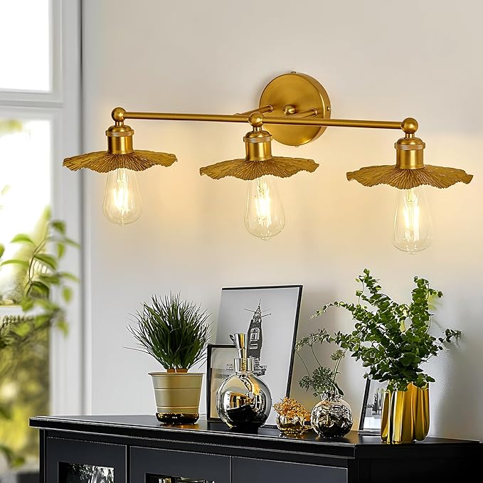 ZGLAOJT 3 Light Vintage Vanity Light Gold Bathroom Light Fixtures Over Mirror.