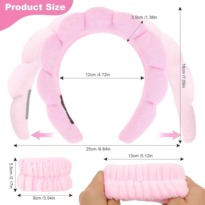 6Pcs Pink Spa Headband and Wrist Washband Set, Skincare Makeup Headband, Sponge Face Wash Terry Cloth Puffy Hair Band for Washing Face