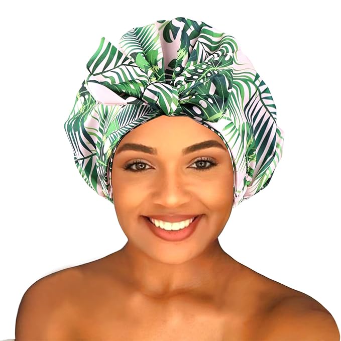 Shower Cap for Women Reusable Waterproof Bath Cap for Long Hair Cap for Shower Cute Extra Large Turban Shower Cap for Braids(Plantain Leaves)