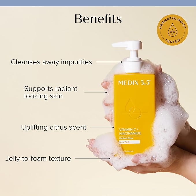 MEDIX 5.5 Radiant Glow Vitamin C Body Wash W/ Niacinamide | Citrus Scented Gentle Body & Face Cleanser For Women, Men, Dry Skin, & Smoother-Looking Skin | Removes Dirt, Oil, & Impurities, 15 Fl Oz