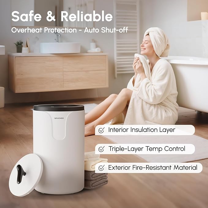 USHOWER Towel Warmers for Bathroom, 20L Large Towel Warmer Bucket for Spa & Massage, Auto Shut-Off Towel Heater Fits Two 40"x70" Oversized Towels, Blankets, Bathrobes, PJ's