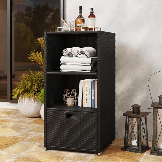 Outdoor Pool Towel Rack Cabinet, Rattan Wicker Pool Storage Bins Storage Organizer, 2 Layer Shelf Hot Tub Spa Accessories, 47in, Black