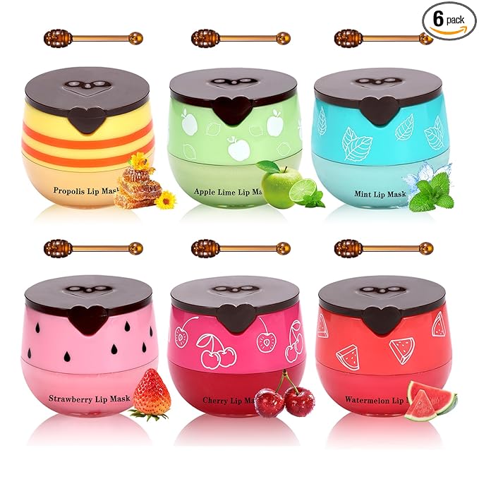 6PCS Honey Pot Lip Balm,Moisturizing Beebalm Lip Balm,Repair Bee Lip Balm Honey Pot,Fruity Lip Sleeping Mask,Hydrating Lip Mask Overnight,Reduces Lip Lines Lip Care Products