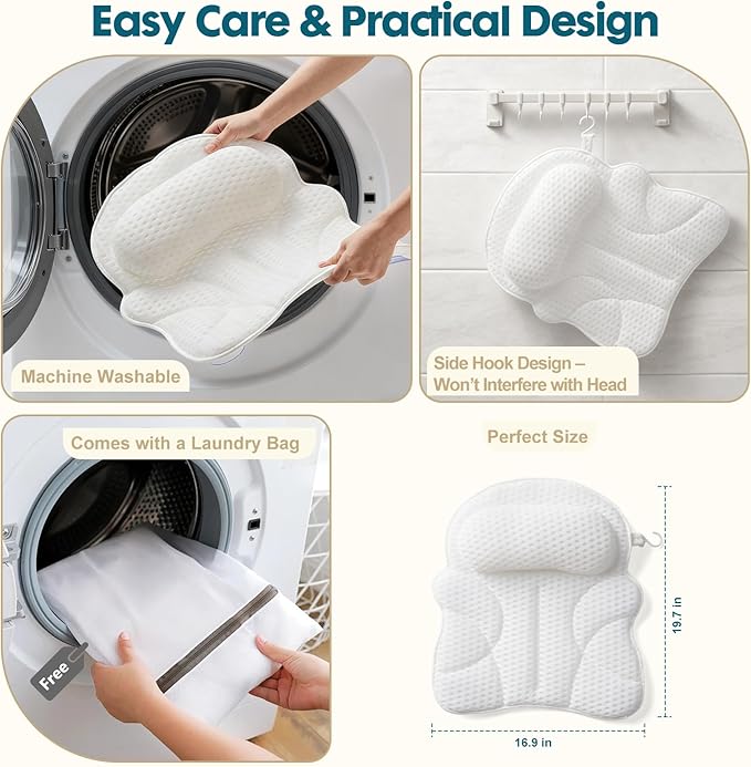 Bath Pillows for Tub – 4D Air Mesh Bathtub Pillow with Head, Neck & Shoulder Support, Larger Size Non-Slip Tub Pillow for Bathtub & Jacuzzi, Bath Tub Pillow with Wash Bag, Gift for Women & Men