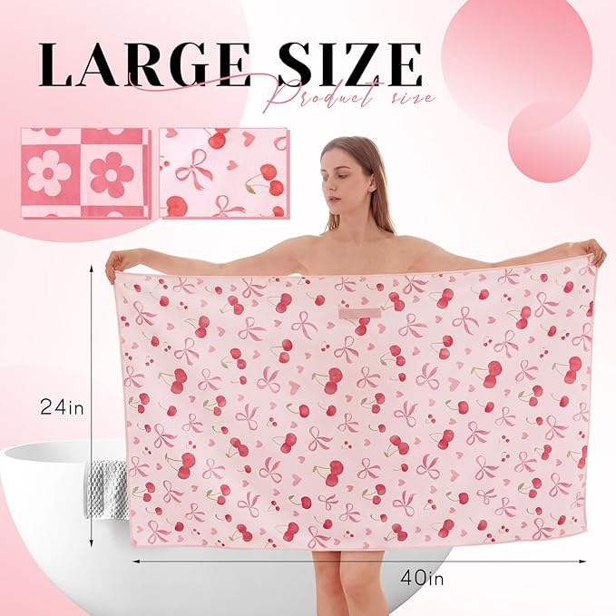2 Pcs 40 x 24 Inches Large Microfiber Hair Towels Quick Dry Hair Towel Wrap for Women, Suitable for Home, Recreation, Beach, Yoga, Gym, Camping, Etc (Cherry,Flowers)