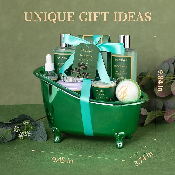 Home Spa Gift Basket - Eucalyptus- Luxurious 9pc Bath & Body Set For Men & Women, Contains Shower Gel, Shampoo, Scents Lotion, Body Oil, Bath Salt, flowers Bath Bomb, Spa Basket