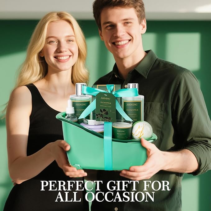 Home Spa Gift Basket - Eucalyptus- Luxurious 9pc Bath & Body Set For Men & Women, Contains Shower Gel, Shampoo, Scents Lotion, Body Oil, Bath Salt, flowers Bath Bomb, Spa Basket