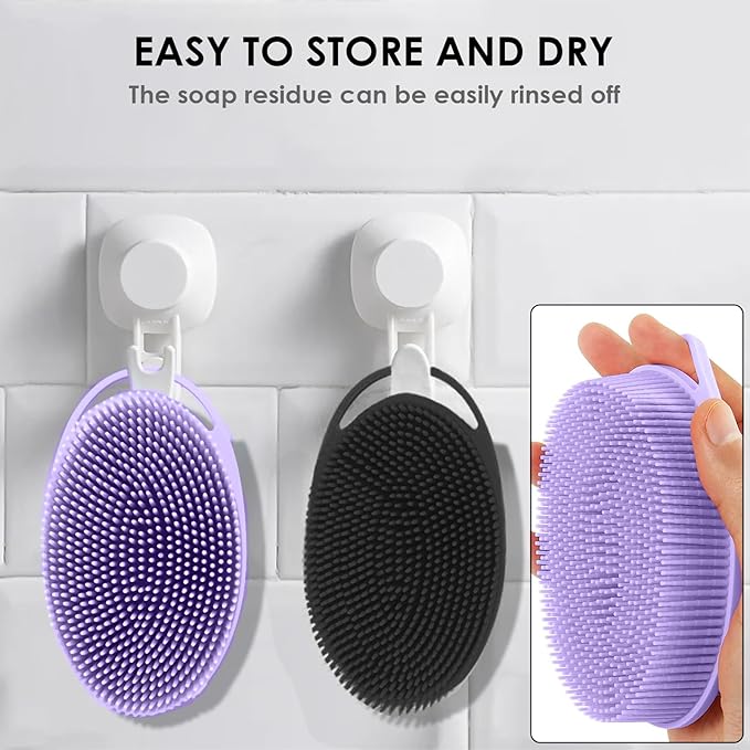 RamPula Silicone Body Scrubber, Silicone Loofah, Quick-Dry Exfoliating Body Brush for Wet or Dry Brushing, More Hygienic Than Traditional Loofah, Long-Bristle Brush, Purple and Starlight
