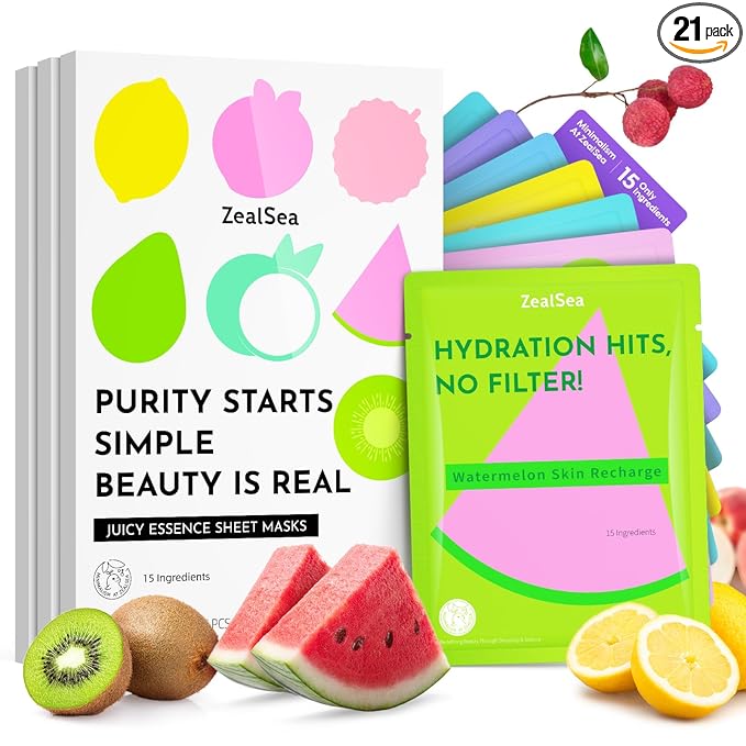 ZealSea Clean Beauty Face Masks Skincare, Minimalism 15 Ingredients Sheet Mask, Dopamine Color Design Facial Mask, Sleepover & Slumber Spa Party Supplies, Women Teen Girl Gifts Trendy Stuff, 21 Pack
