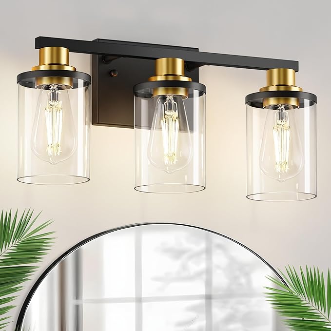L LOHAS LED 3-Light Black and Gold Bathroom Light Fixtures, 20 Inch Modern Vanity Lights Over Mirror with Clear Glass Shade, Vanity Lights for Bathroom, ETL Listed