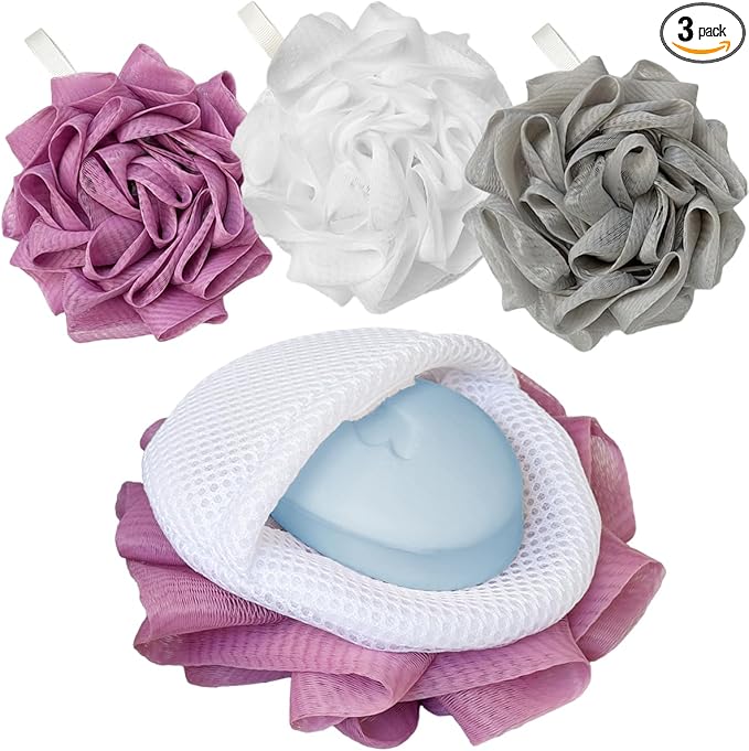 3 Pack Bath Loofah Shower with Soap Bags, Dual-Use Exfoliating Bath Sponges Soap Saver for Women & Men, Gentle Body Scrubber (White, Gray, Purple)