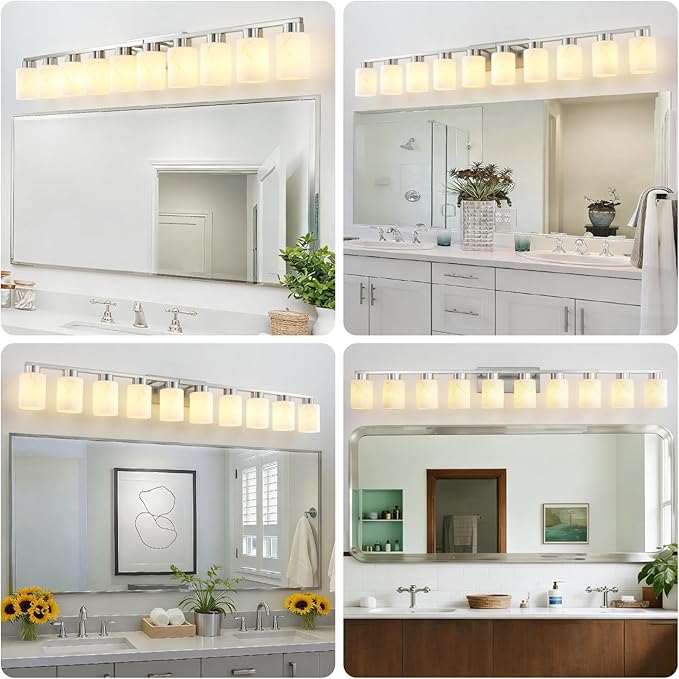 10-Light Bathroom Light Fixtures, Modern Vanity Lights, Brushed Nickel Metal Wall Lamp with White Marble Glass for Bathroom, Mirror, Living Room, Bedroom, Cabinet, Porch, Hallway, E26 Base