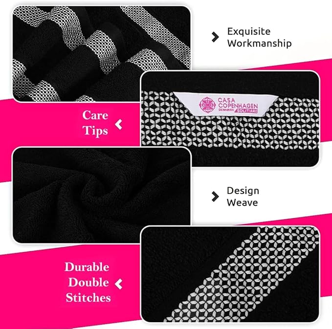CASA COPENHAGEN Solitaire 6Pcs 100% Egyptian Cotton Large Designer Towels Gift Set- Black - Dark Purple, 600GSM, 2Bath 2Hand 2Washcloths, Bath Towels for Bathroom Set for Women & Men