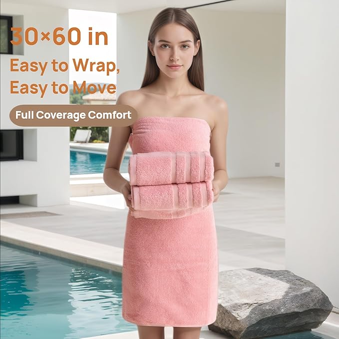 Bath Towels 2 Pack, 30 x 60 Inches, Large 100% Cotton Towels, Soft, Absorbent, Comfortable for Home, Spa, and Gym, (Pink)