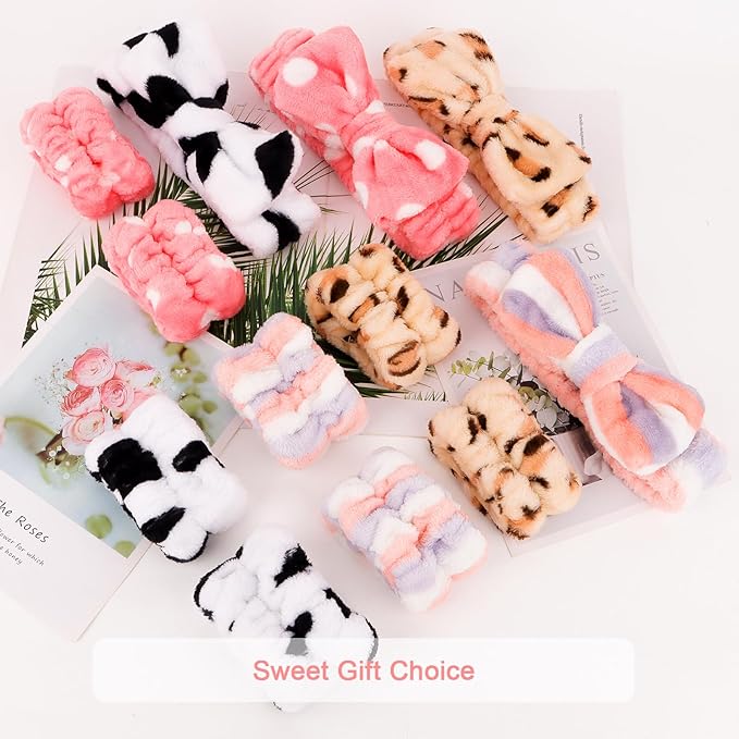 CIEHER 12 PCS Makeup Headband for Women Wrist Washband Scrunchies Cuffs for Washing Face, Soft Bow Hair Band Matching Wristbands, Cow, Leopard, Streaks, Polka dots