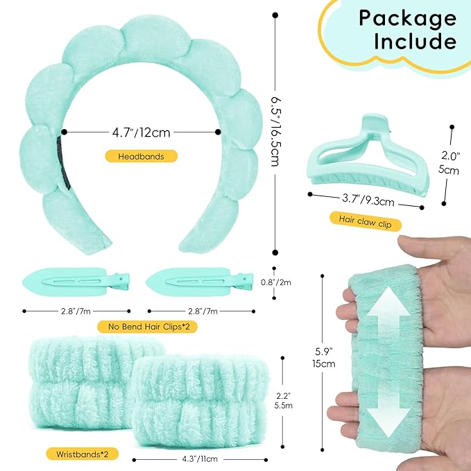 my novel things Spa Headband For Washing Face with Hair Clips Wristbands 6PK for Women Girls Gift, Soft-Puffy Velvet Makeup Headbands for Makeup, Skincare (Green)