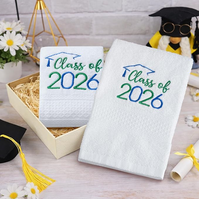 MASHAN Class of 2026 Graduation Hand Towels 3 Pack,100% Cotton Soft Absorbent Bathroom Towels,Senior 2026 Graduation Gift for Girls Boys,Blue Green Decorative Towels 14x30 Inch