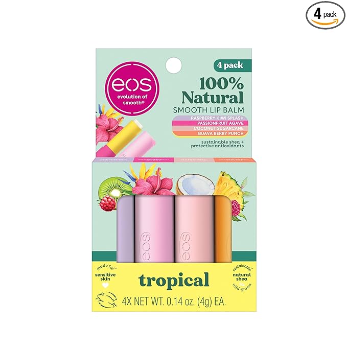 eos 100% Natural Lip Balms - Raspberry Kiwi Splash, Passionfruit Agave, Coconut Sugarcane, & Guava Berry Punch, All-Day Moisture Lip Care, 0.14 oz, 4-Pack