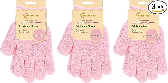 Evridwear Exfoliating Gloves for Shower, 100% Nylon Thick Soft Medium Heavy Bathing Gloves Dead Skin Remover Body Scrubber Smooth Skin with Hang Loop (Pink Moderate Exfoliation- 3 Pairs)