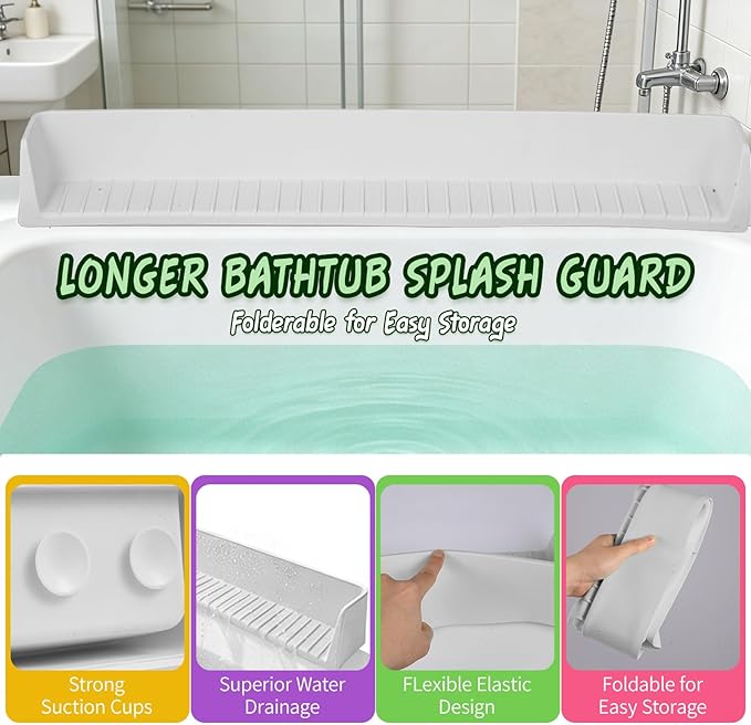 Bathtub splash guard for tub kids& Bath Shelf for Kids – Toddler Bath Tray, Bath Toys Storage & Ledge Organizer – Splash Guard for Bathtub with Suction Cups – Kids Bathroom Accessories(2.6FT, Grey)