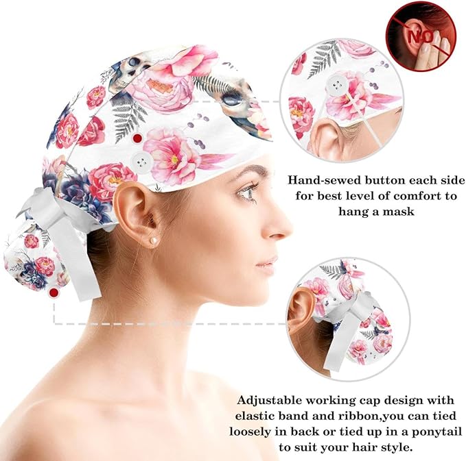 Ethnic Aztec Pattern Adjustable Scrub Cap Hat with Button, Working Hat Sweatband with Bow Hair Scrunchy for Woman