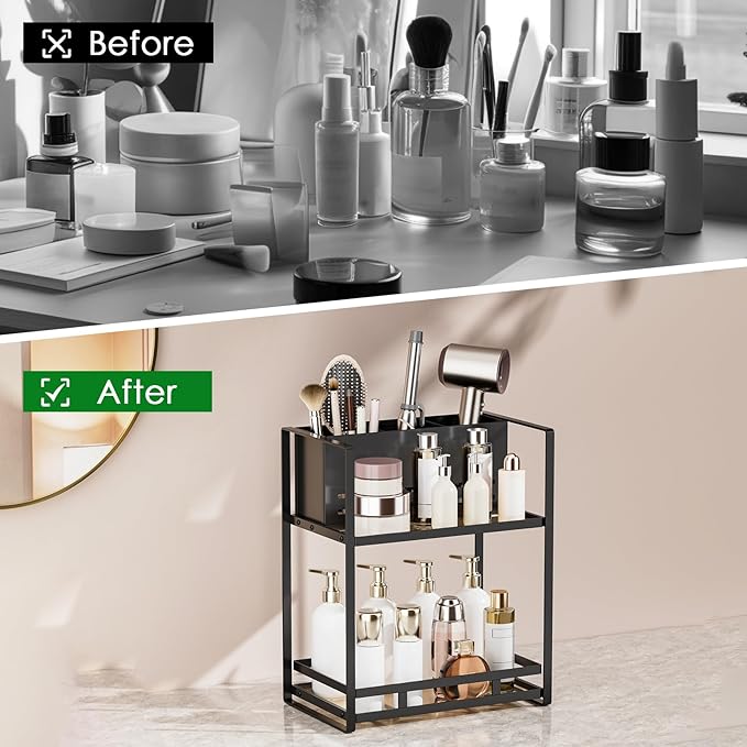 SanDream Hair Tool Organizer Bathroom Countertop, 2-Tier Metal Bathroom Organizer with Blow Dryer Holder, Large Capacity Space-Saving Vanity Shelf for Perfume, Skincare & Makeup Storage (Black)