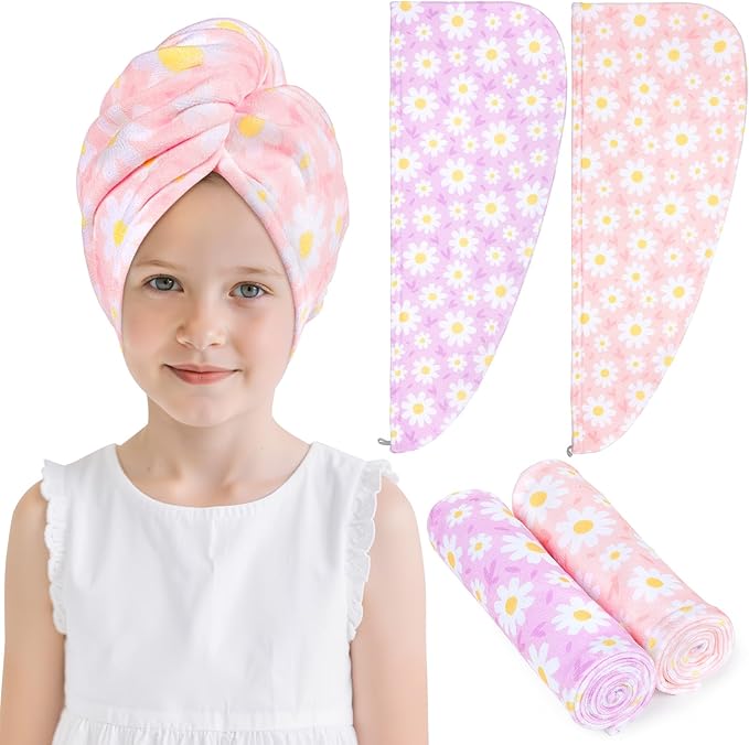 FIOBEE Microfiber Hair Towel Wrap for Kid Rapid Drying Towel Absorbent Hair Turbans for Wet Hair with Button Women Girls Long Curly Hair Pack of 2, Pink/Purple Flowers