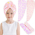FIOBEE Microfiber Hair Towel Wrap for Kid Rapid Drying Towel Absorbent Hair Turbans for Wet Hair with Button Women Girls Long Curly Hair Pack of 2, Pink/Purple Flowers