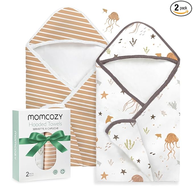 Momcozy Baby Towel with Hooded-2 Pack Soft Bath Towel Set-Shower Gifts or Bath Essential for Infant,Newborn, Toddler (28 X 28 Inch, Ocean Whimsy)