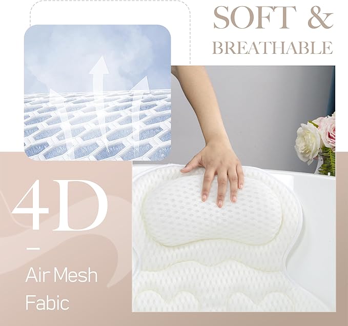 Bath Pillows for Tub Luxury, Bath Pillow for Head and Neck, Fit Bathtub Hot Tub Relaxing Gifts for Women, Comfort 4D Air Mesh Fabric & 6 Non-Slip Suction Cups (White)