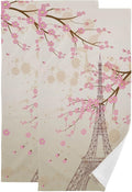 Pink Cherry Blossom Paris Hand Towels for Bathroom Set of 2,Vintage Eiffel Tower Romantic France Plum Floral Decorative Bathroom Towels for Bath,Soft Absorbent Dish Towels for Kitchen 28"x14"