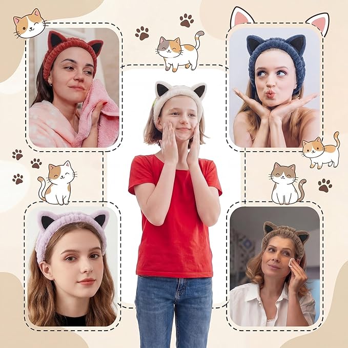 6-Pack Cat Ears Headbands Soft Coral Fleece Hair Band for Face Washing, Makeup, Skincare, Spa, Multi-Color Animal Headbands for Women and Girls Gift
