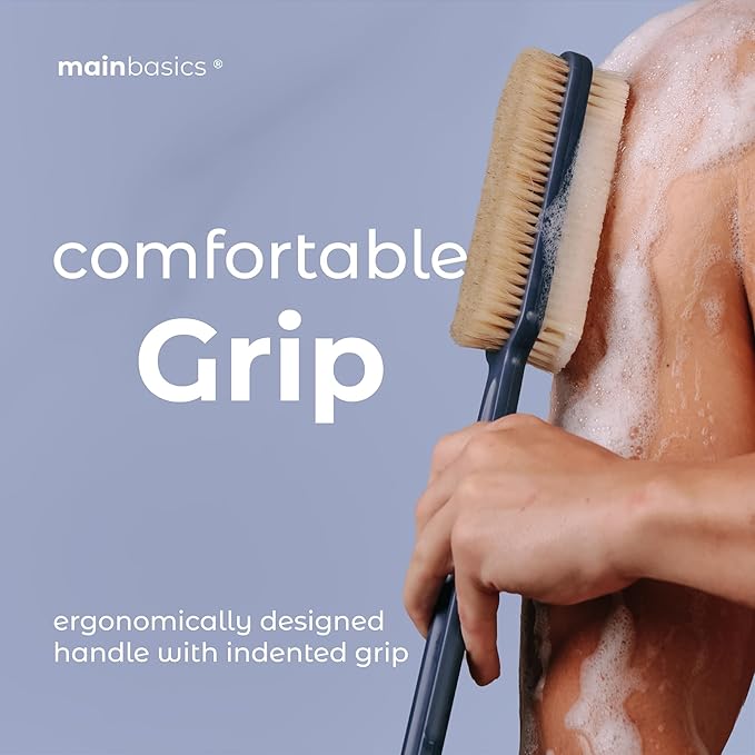 MainBasics Back Scrubber for Shower, Long Handle Body Brush with Dual-Sided Exfoliating and Soft Bristles, 15.75 Inch (Blue)