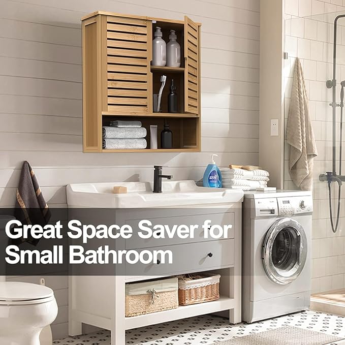 Bathroom Wall Cabinet, Bamboo Storage Cabinet Wall Mounted, Wall Hanging Cabinet with 2 Doors & 3 Tier Shelves
