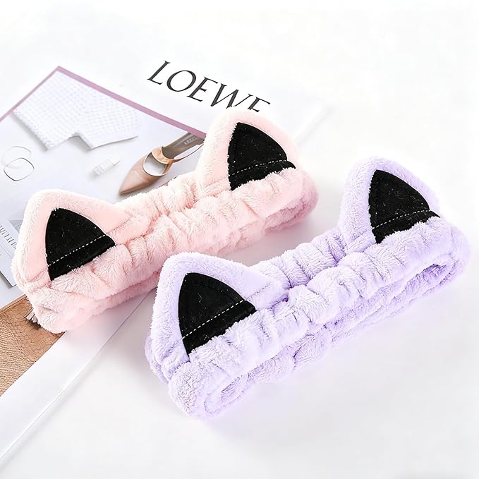Cat Ears Headband, Cute Spa Headband and Wristband Set Washing Face Skincare Makeup Headbands for Women Girls Trendy Stuff Present Soft Coral Fleece Hair Accessories(Pink Purple+Khaki)