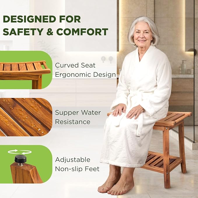 Premium 22" Teak Wood Shower Bench with Shelf, 2-Tier Waterproof Teak Shower Stool, Non-Slip Feet for Enhanced Safety, Spa Bath Seat for Bathroom, Indoor & Outdoor Use, 300 lb Capacity