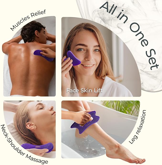 Scienlodic 3 Pcs Gua Sha Massage Tools for Face & Body (Purple, Resin) - Scraping Tools for Back, Legs & Muscle Relaxation, Guasha Facial Tool for Jawline Contouring & Puffiness Reduction