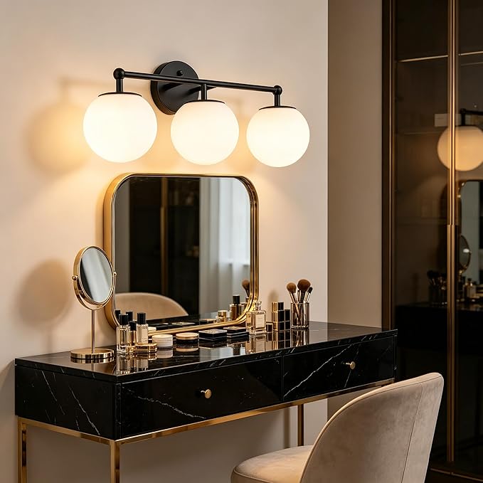 AKEZON 3-Light Black Bathroom Vanity Light Fixture, Modern Minimalist Vanity Lights with Milky White Glass Globe Shade, Wall Sconce Over Mirror Lighting for Bathroom Dressing Table Bedroom Living Room