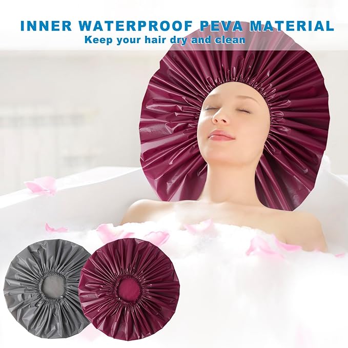 Jumbo Size Shower Cap 2 PCS Waterproof Shower Caps for Women, Extra Large Shower Cap, Reusable Super Large Bath Caps Hair Cap for Long Thick Curly Hair, Locs, Twist Braids - Grey+Purple-red