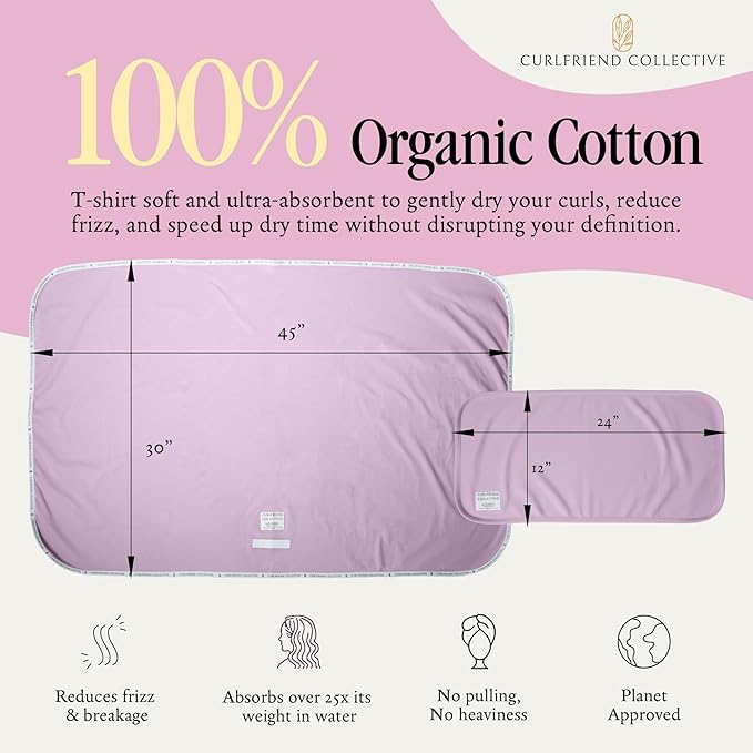Curlfriend Collective Cotton Cloud T-Shirt Hair Towel Duo – Lilac Locks Hair Towel Wrap for Women, XL + Mini Hair Drying Towels for Curly Hair, No-Slip Plopping Towel, Ultra Absorbent Cotton