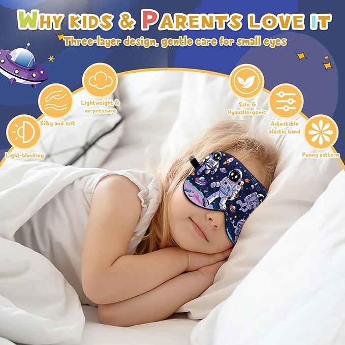 Silk Kids Sleep Mask: 100% Mulberry Silk Eye Mask, Sleeping Masks with Adjustable Strap, Soft & Light-Blocking Printed Kid Eye Cover for Boys Girls Teens Aged 5-15 (Alien Theme)