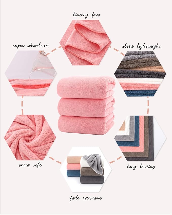 Lumimi Towels 3 Piece Very Soft Microfiber Bath Towel Set Super Absorbent Light Quick Dry and Durable, 55" L x 27" W, 3 Pack Pink Red