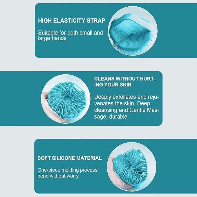 RamPula Silicone Body Scrubber, Silicone Loofah, Quick-Dry Exfoliating Body Brush for Wet or Dry Brushing, More Hygienic Than Traditional Loofah, Medium-Bristle Brush, Cyan and Bean Paste Pink
