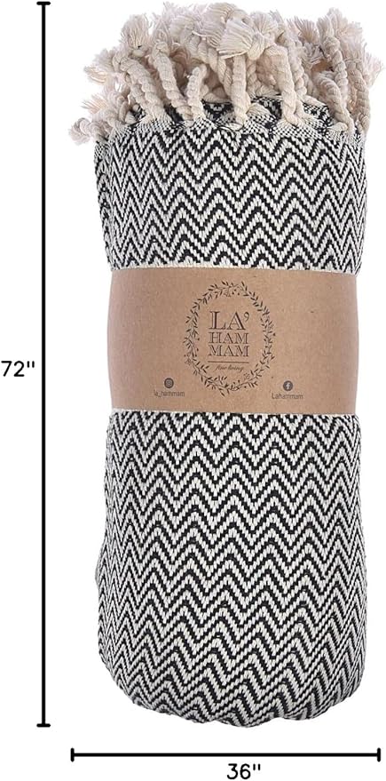 Personalized Embroidered Beach Towel | Throw Blanket, Easy Carry, Sand Free, Highly Absorbent, Quick Dry, Turkish Towels for Camping Bath Sauna Beach Gym Pool Yoga SPA by Lahammam, Herring, Black