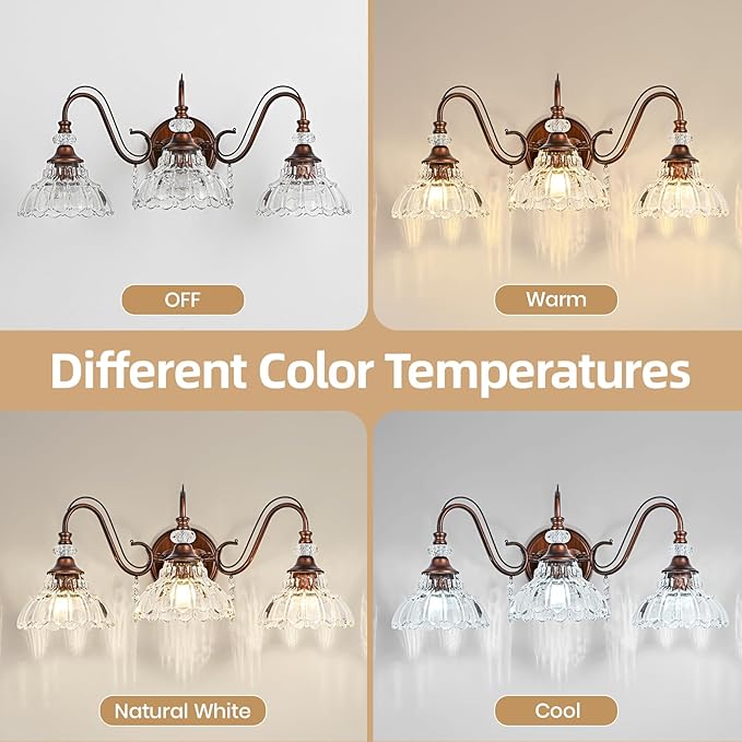 Vintage Bathroom Vanity Light, 3-Light Matte Antique Red Bronze Finish Wall Sconce with Hanging Crystal Accent and Flower-Shaped Clear Glass Shades, Retro Wall Mount Vanity Light Over Mirror