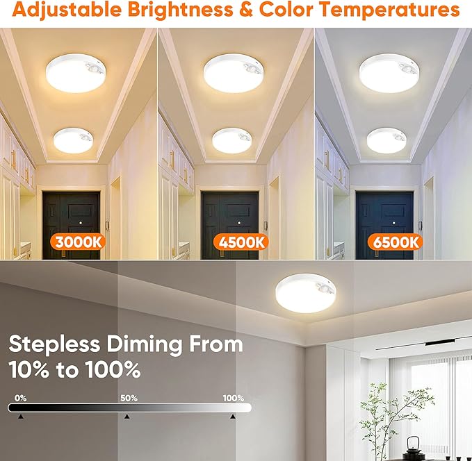 10000mAh Rechargeable Motion Sensor Ceiling Light with Remote, Battery Operated Closet Light No Wiring, Magnetic Wireless LED Ceiling Lights,3 Color Indoor Overhead Lamp for Shower Pantry Shed Hallway